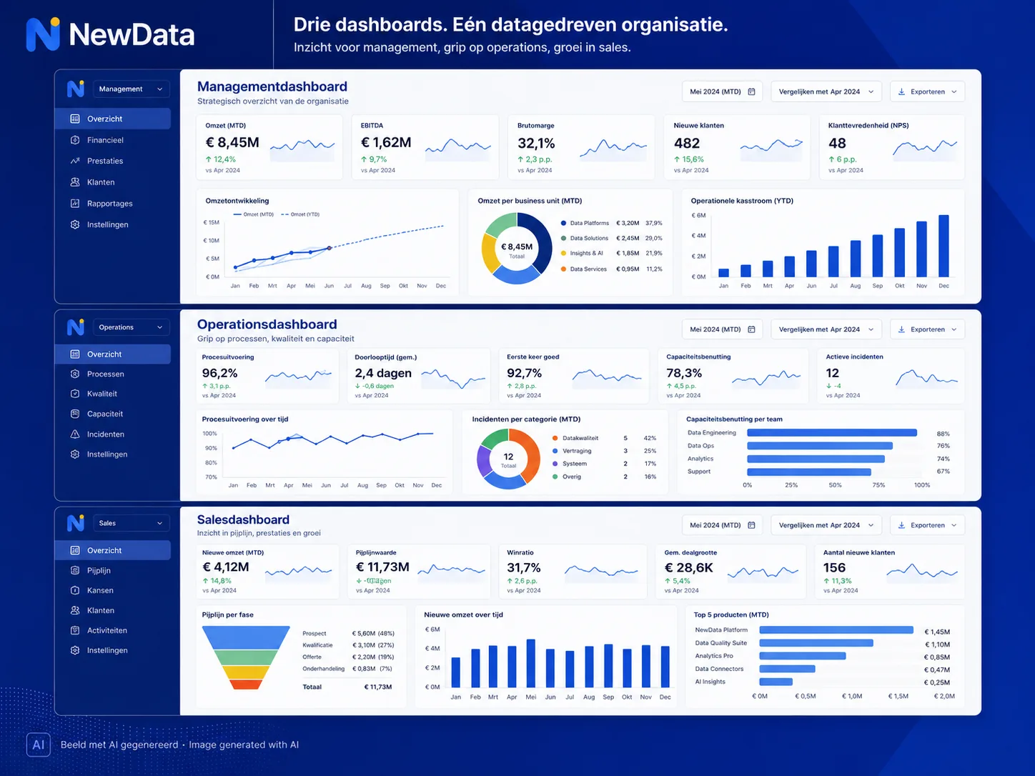 Voorbeeldweergave van een dashboardsuite met grafieken en kerncijfers