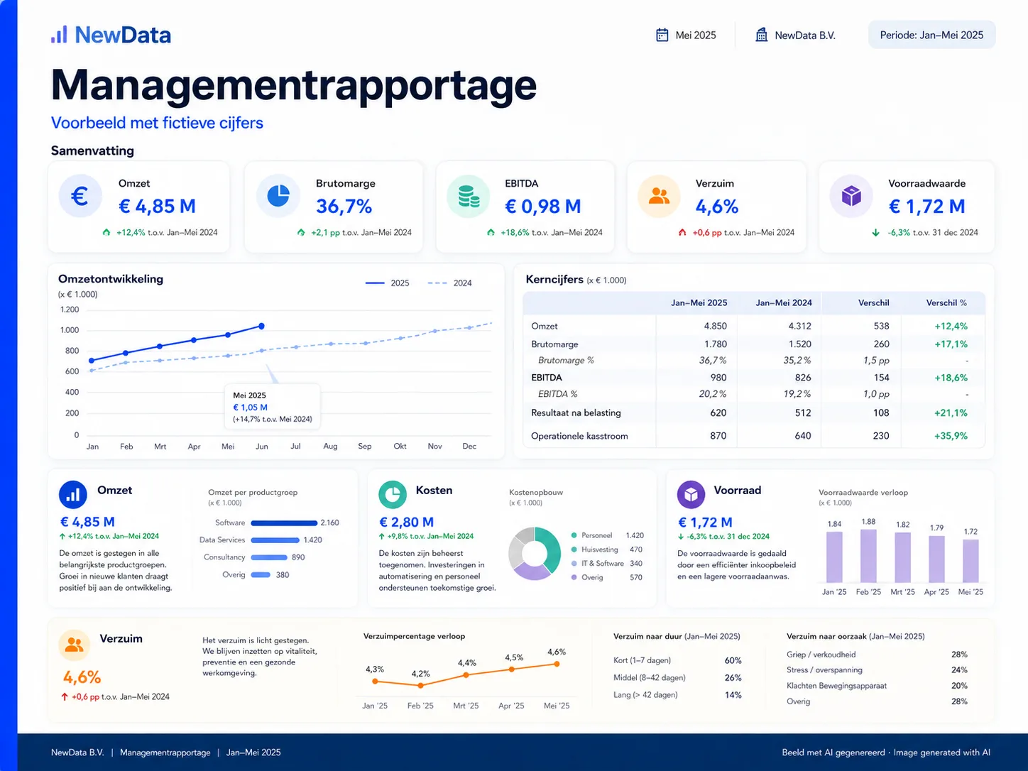 Voorbeeldweergave van een managementrapportage met tabellen en grafieken