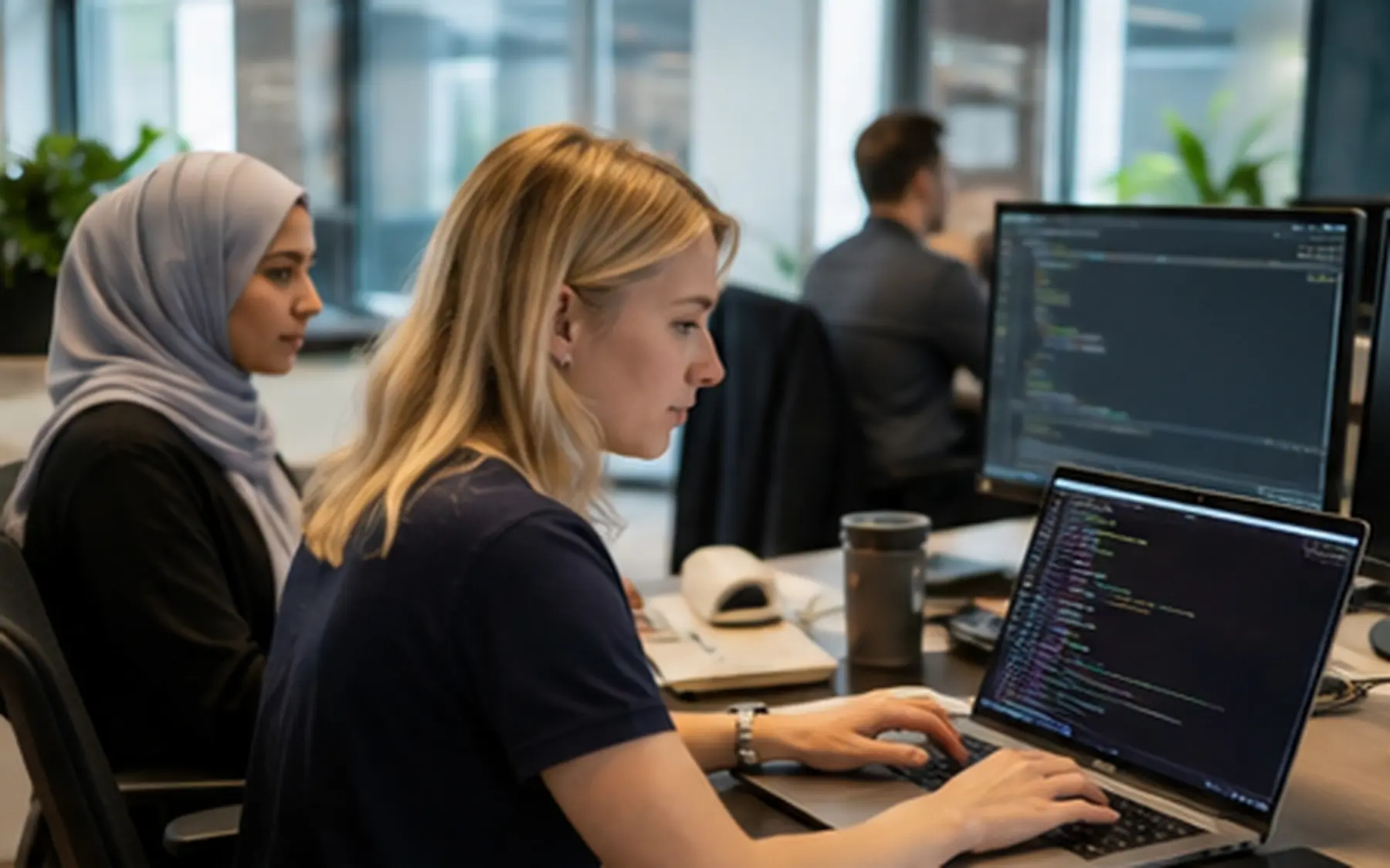 Een dataprofessional aan het werk met code en dashboards