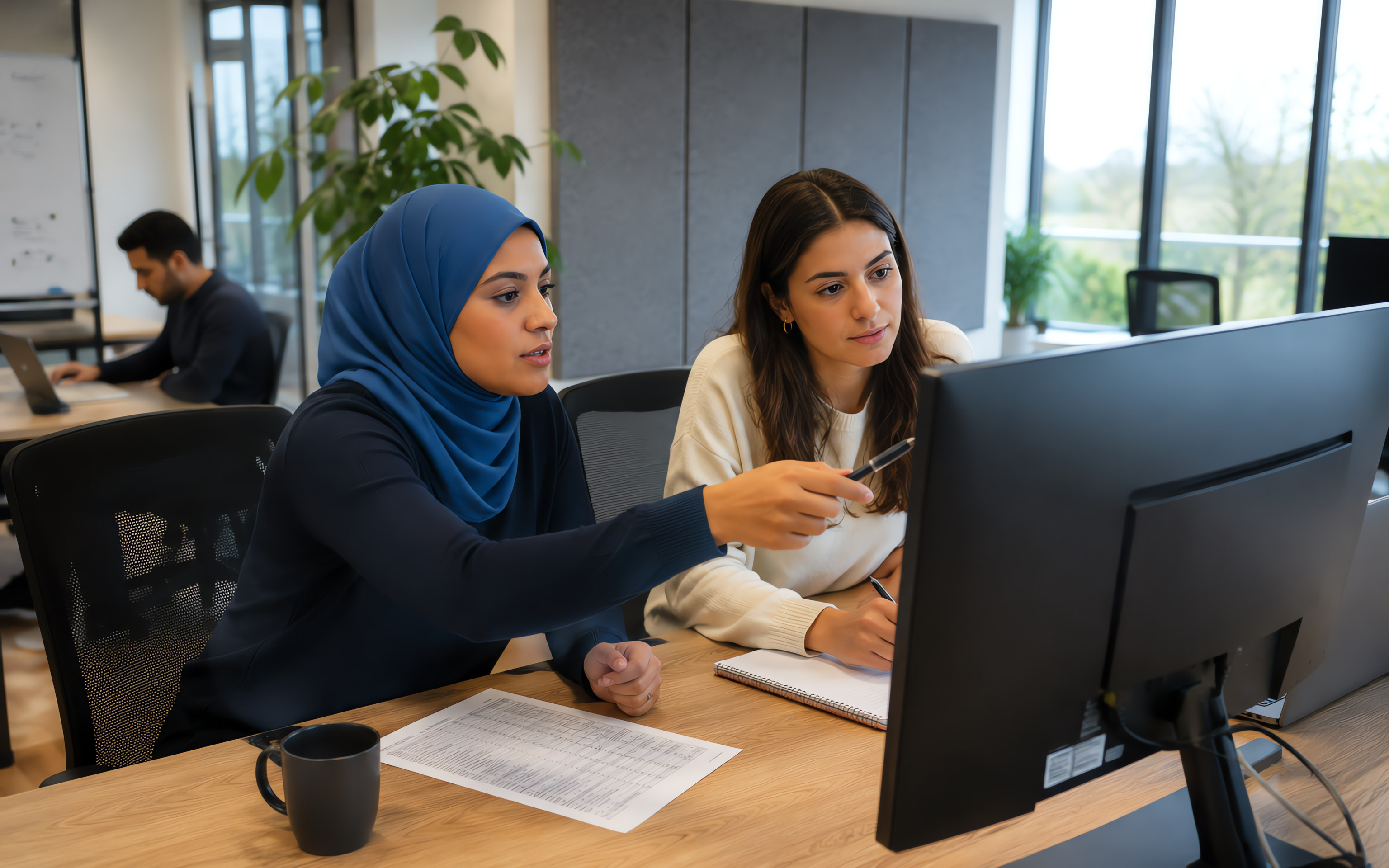 Twee collega's achter een scherm, de een wijst de ander iets aan