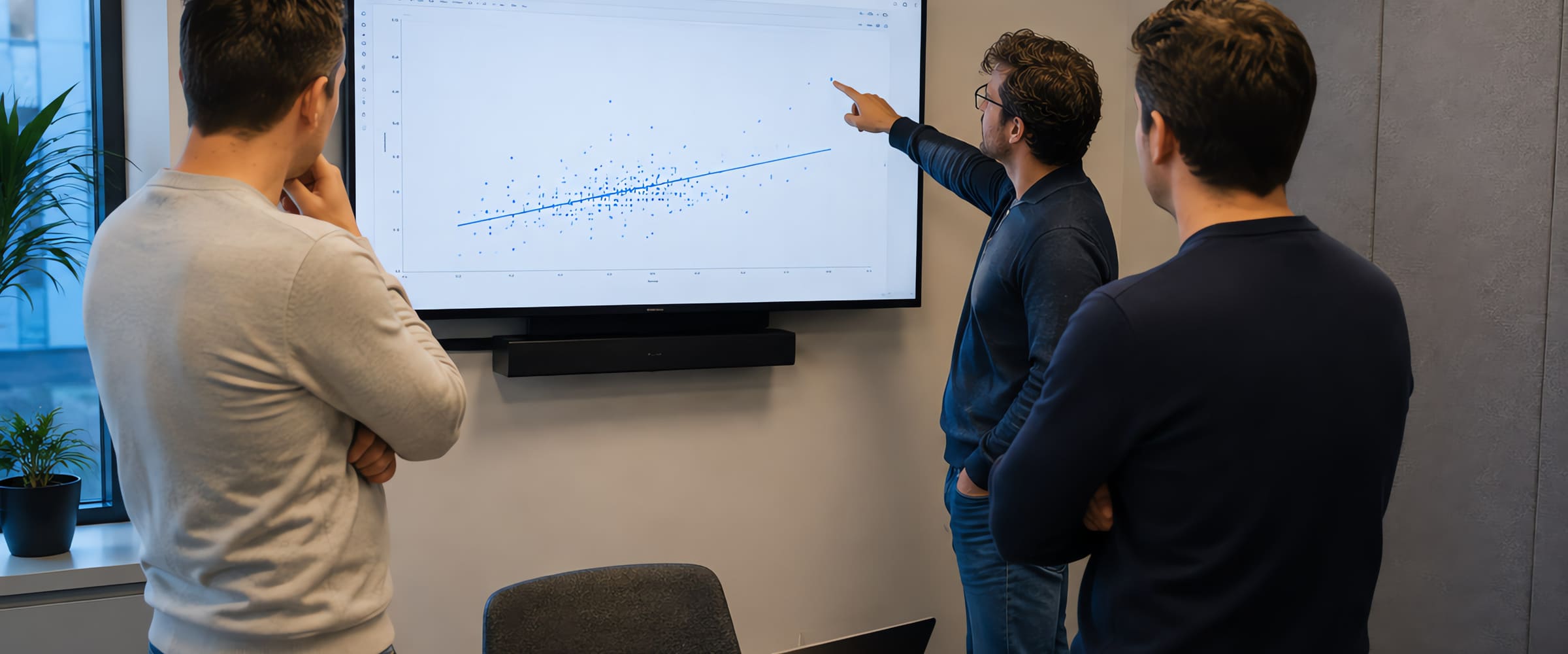 Drie collega's bekijken een spreidingsdiagram op een scherm aan de muur