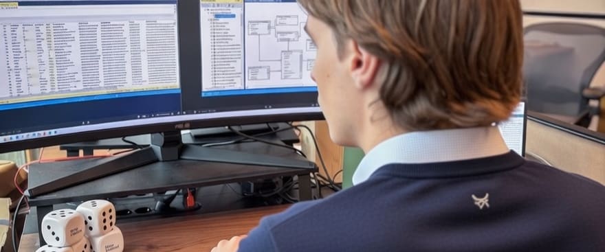 Data-analist achter twee schermen met een dataset en een datamodel, op kantoor bij New Data