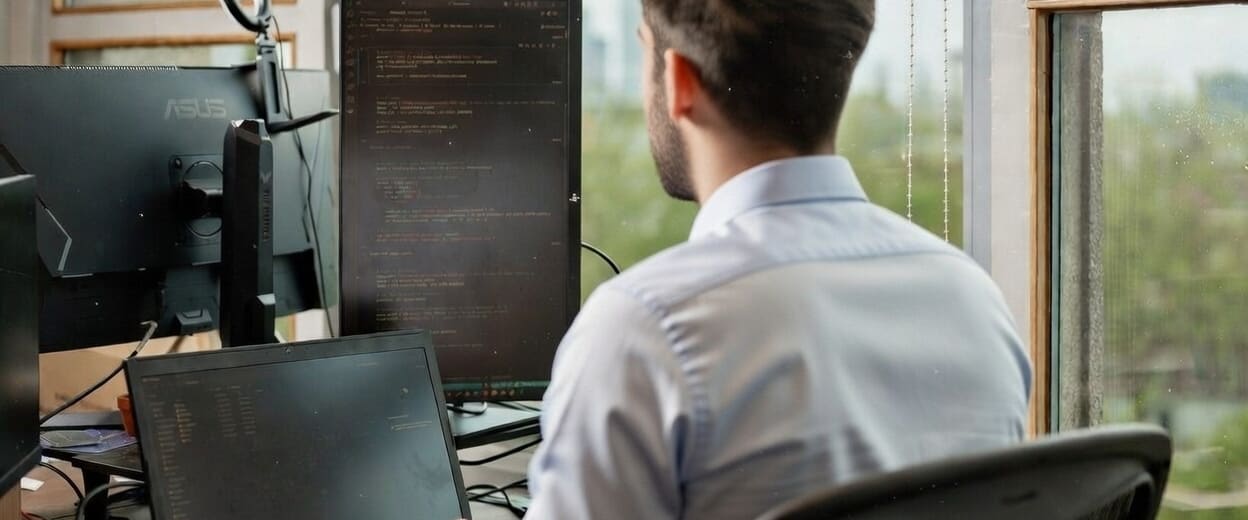 Data engineer aan het werk achter code op twee schermen, met uitzicht op de stad
