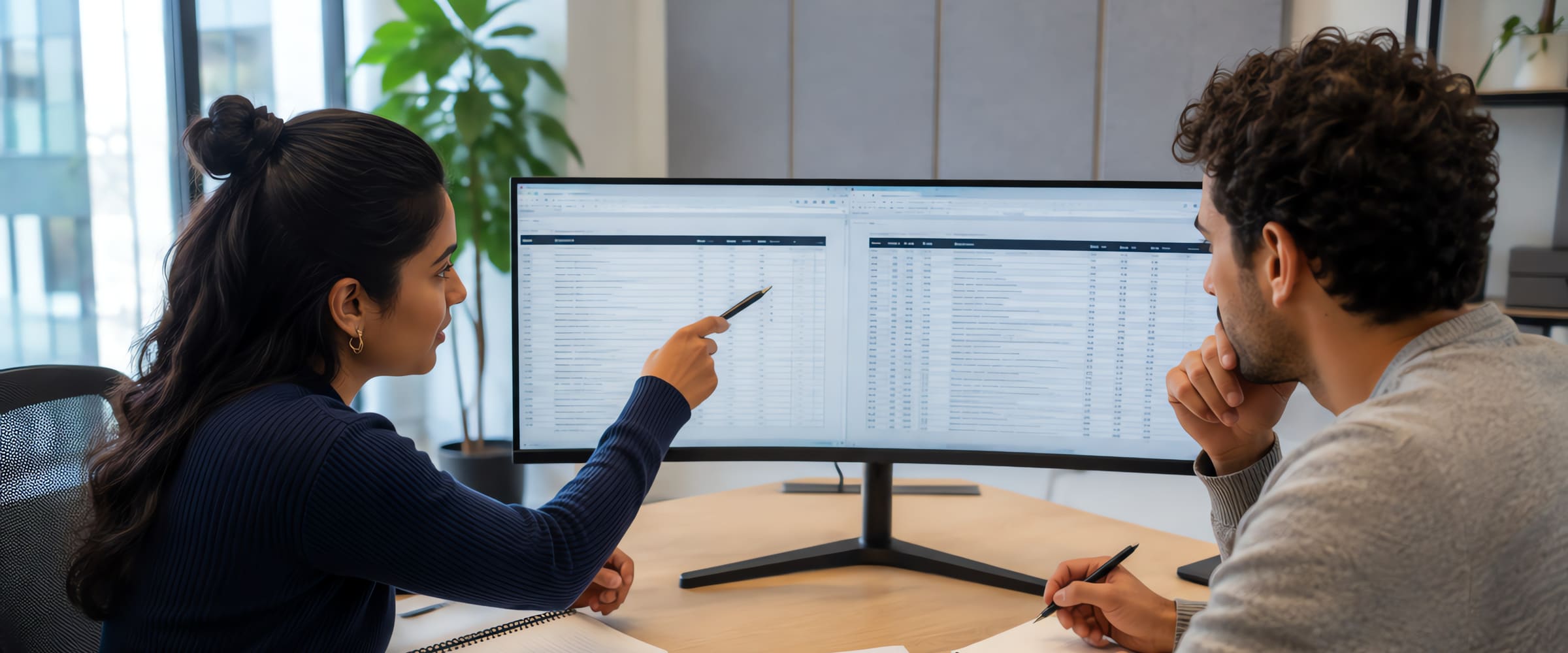 Twee collega's achter een breed scherm vergelijken twee versies van dezelfde tabel