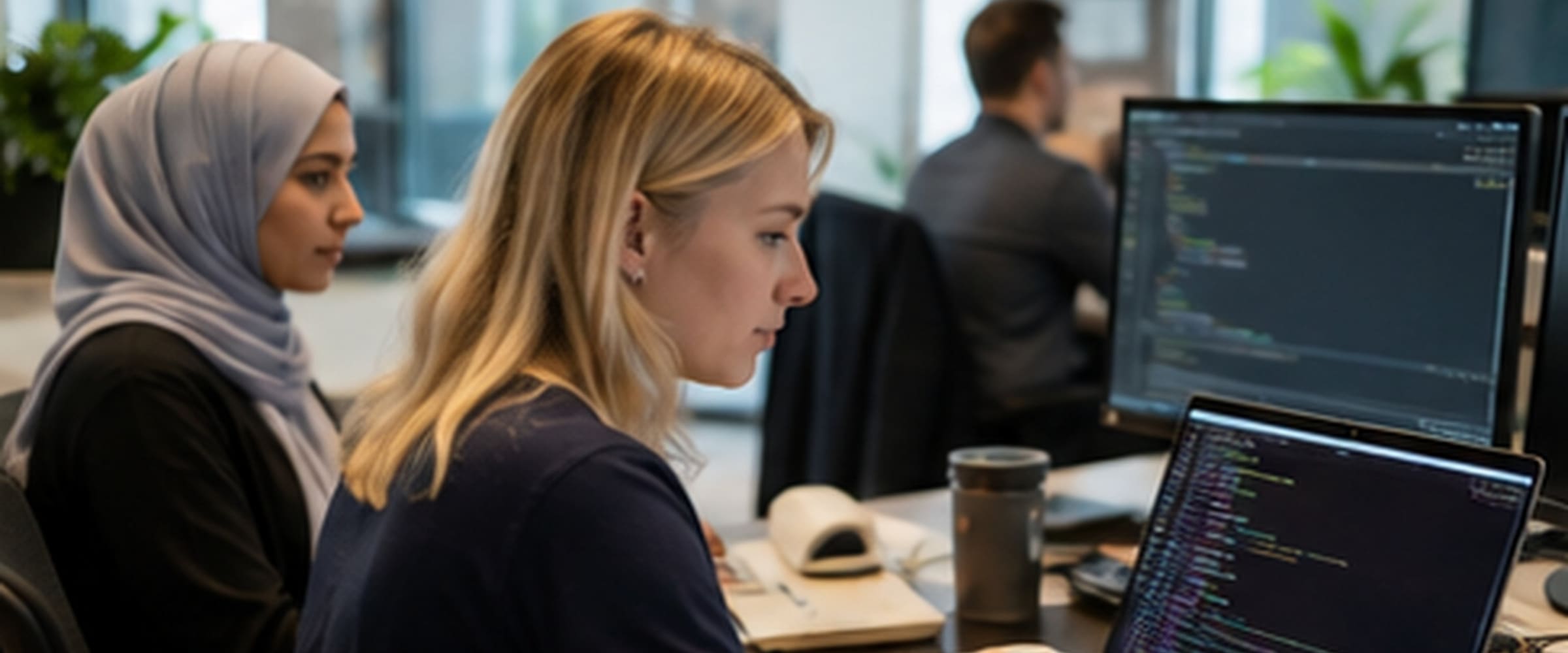 Twee studenten achter een laptop met code op het scherm