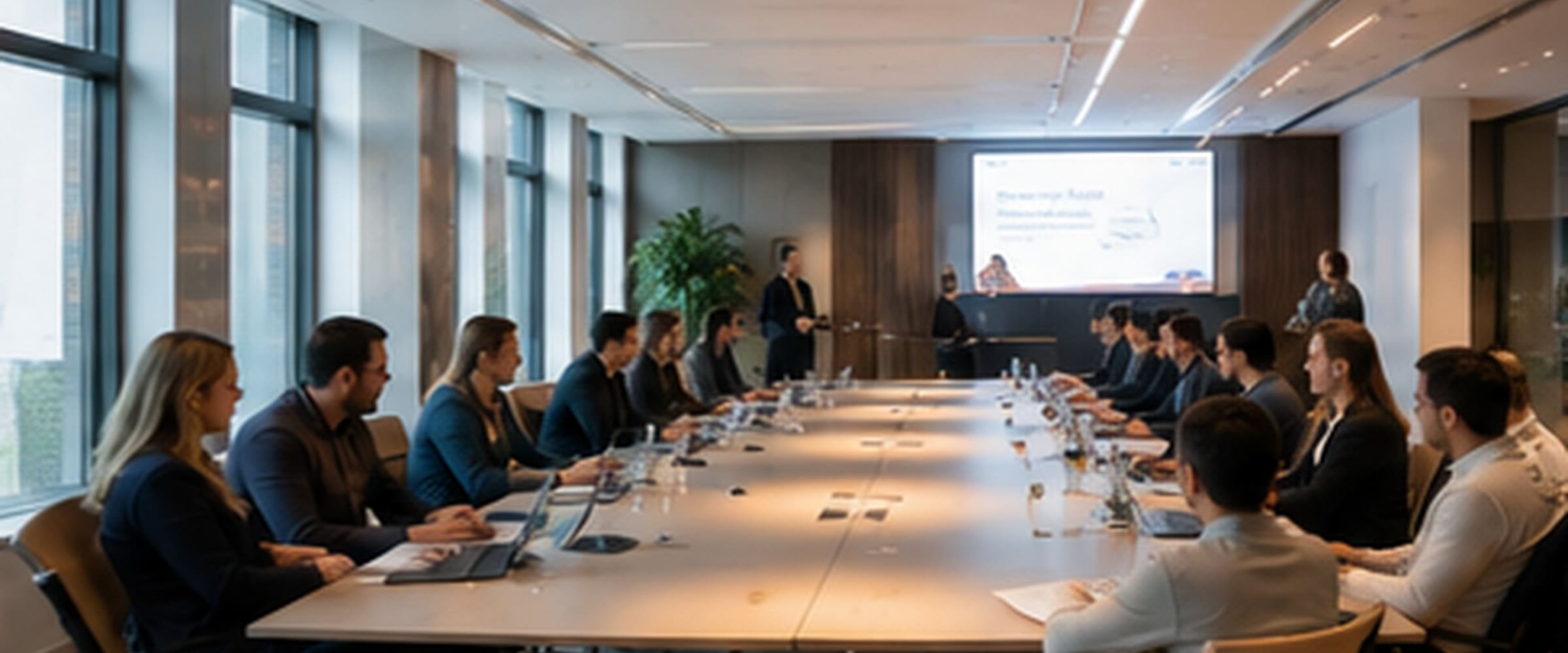 Een lange vergadertafel met een groep mensen en een presentatie